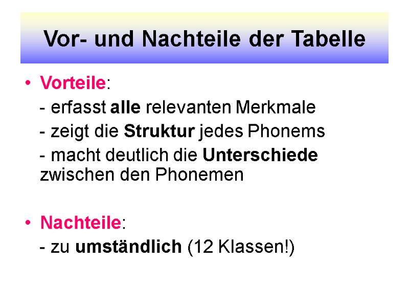 Vor- und Nachteile der Tabelle Vorteile:    - erfasst alle relevanten Merkmale